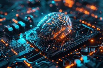 Fototapeta na wymiar AI artificial intelligence concept, modern AI technology An electronic brain powered by a processor.