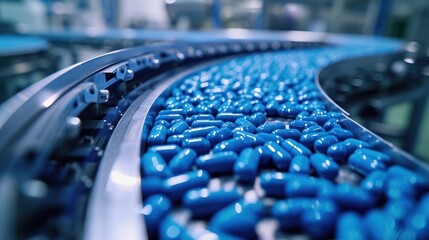 Blue pill capsules move on a conveyor belt in a modern pharmaceutical factory. - obrazy, fototapety, plakaty