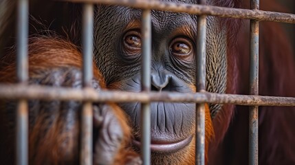 Freedom. Lack of freedom. The orangutan in the iron cage looks at the camera. His eyes are pitiful.