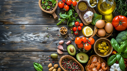 Fototapeta na wymiar ingredients of the Mediterranean diet organized under on flat lay background