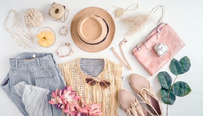 fashion pastel composition with female clothes and accessories flat lay top view