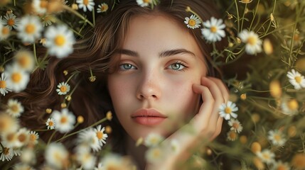 Young Woman Doing Fashion Photoshoot With Flowers In Nature Environment Face Close Up (Generative AI)