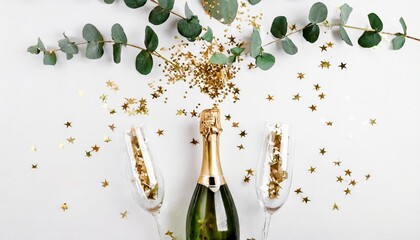 happy new year still life empty champagne glass wine bottle with golden confetti stars and eucalyptus branches isolated on white table background celebration party concept flat lay top view