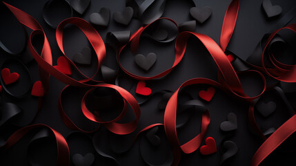 Walentynki 14 lutego - romantyczne ciemneminimalistyczne tło na życzenia. Mockup, szablon z prezentem, sercem i dekoracjami dla zakochanych. Symbol wyznana uczuć miłości. Kwiaty dla zakochanej kobiety - obrazy, fototapety, plakaty