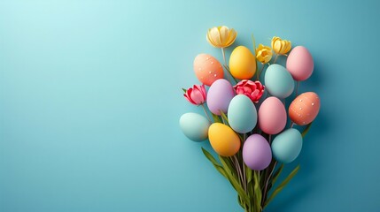 Easter Egg Bouquet on Blue Background. Generative ai