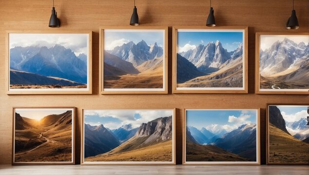 Pictures hanging on wall of mountains Generative AI