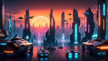 Futuristic city with flying cars and starships, cyberpunk, generative ai