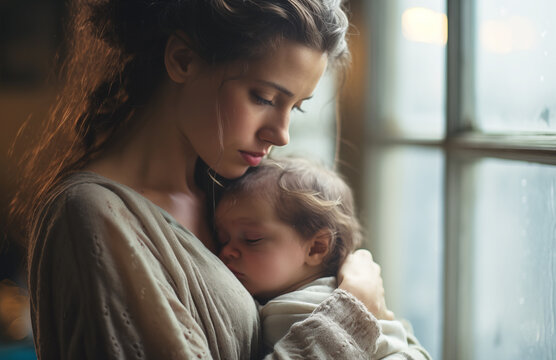 Beautiful portrait of calm young woman hugging little child while it sleeping on mother's breast litted soft window light. Mental health, motherness, kids' beauty and lifestyle concept image.