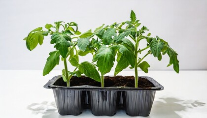 plastic pack containing three seedlings of tomato solanum lycopersicum or lycopersicon esculentum ready for transplanting into a home garden isolated