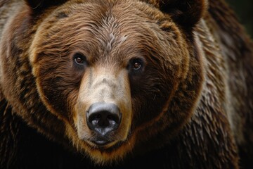 A detailed close-up of a brown bear's face. Perfect for nature documentaries or wildlife-themed designs