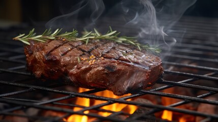 BBQ gril smoke, ribeye grilled barbecue with rosemary. Flame hot smoke grilling stove. Restaurant menu.
