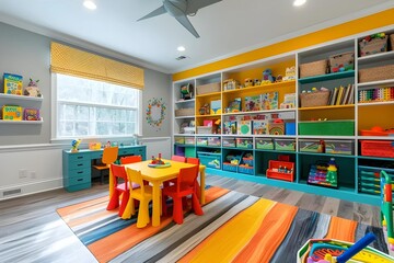 Obraz na płótnie Canvas A lively children's playroom bursting with vibrant colors, featuring educational toys, and clever storage solutions for a fun and organized space.