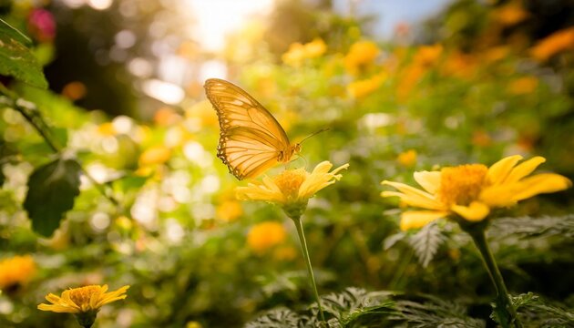fragile butterfly and yellow flowers in the garden summer creative image