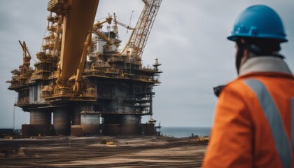 Roughneck (out of focus) looking at a huge oil rig being constructed