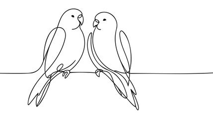 Vector one line illustration with two parrots on a branch on white background.