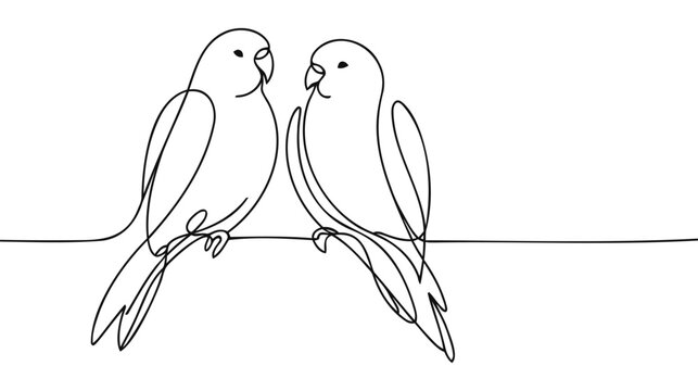 Naklejki Vector one line illustration with two parrots on a branch on white background.