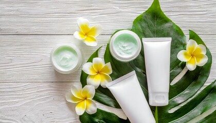 cosmetic bottle containers skin cream with flowers natural beauty and spa concept top view on white table background