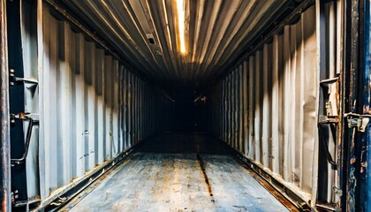 inside view of empty shipping cargo container dark space abstract background