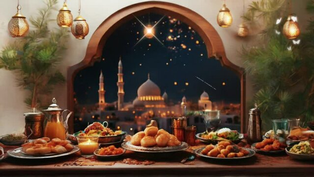 Ramadan Iftar Food Background marks the end of fasting. The table was decorated with main course, dessert, snacks and fresh drinks against the blurry background of the mosque. Welcoming Eid Al-Fitr