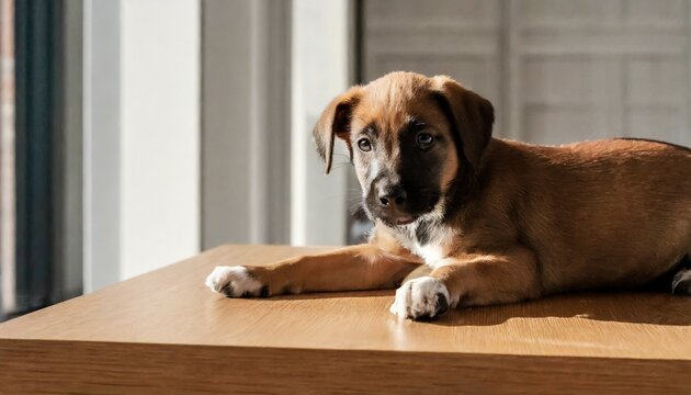 photo of a cute puppy sitting on a coffee table in an apartment living room website header creative banner copyspace image