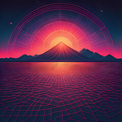 Retro background with laser grid, abstract landscape with sunset and star sky. Vaporwave, synthwave 80s cyberpunk style illustration - generated by ai