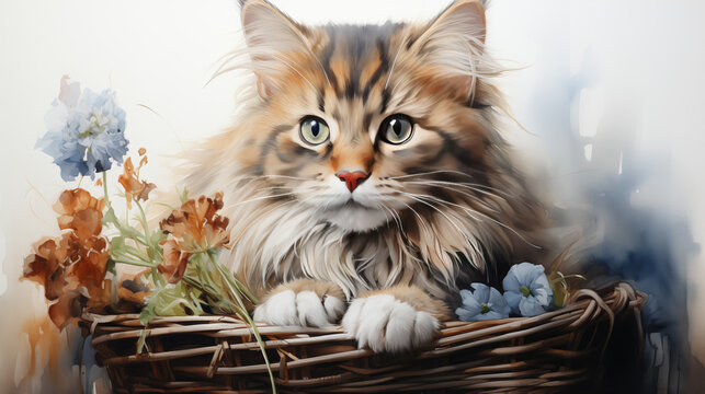 Image of a drawing of a cat with flowers on a white background.  A pet.  Animals.  Illustration
