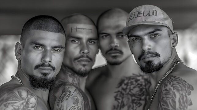 Retrato de un grupo de de pandilleros latinos con tatuajes 