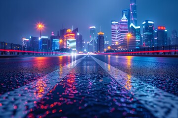 Asphalt race track and modern skyline and buildings in Shanghai at night