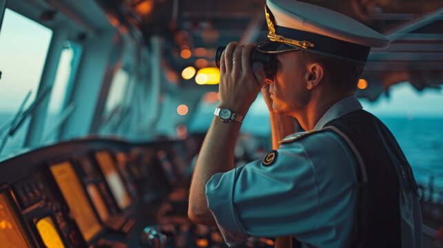 Deck officer with binoculars on navigational bridge. Seaman on board of vessel. Commercial shipping. Cargo ship.