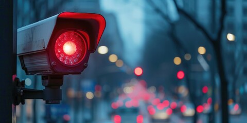 A red traffic light signaling a stop on a busy city street. Suitable for illustrating traffic regulations and urban transportation. - obrazy, fototapety, plakaty
