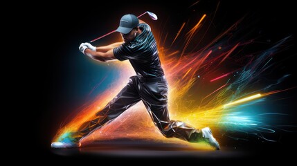 Photo of golf athlete swinging golf stick with green light effect background.	
