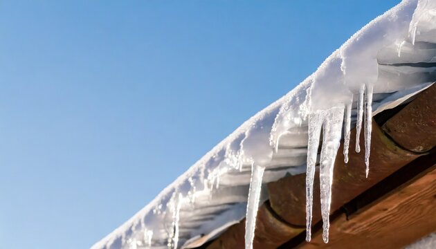 ice dam in gutter and ice frozen on roof in winter focus on icicles in foreground website header creative banner copyspace image