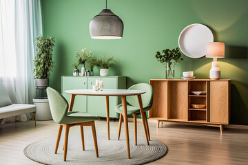 Mint colored living room with chair and table.