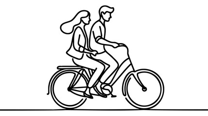 Continuous one line drawing romantic couple. Happy couple is riding tandem bicycle together.