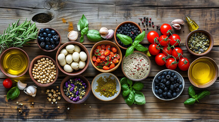 ingredients of the Mediterranean diet organized under on flat lay background