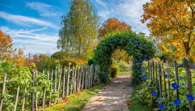 a country garden in fall autumn with flowers herbs shrubs trees ornamental grasses an arbor arch covered with heavenly blue morning glory and fence
