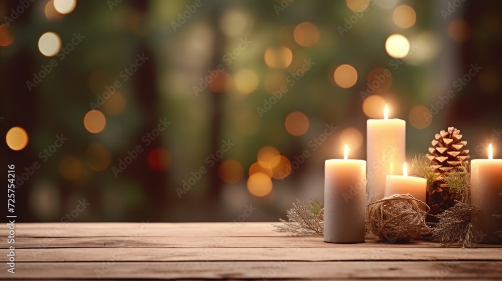 Poster Candles arranged in a group on a wooden table. Perfect for creating a cozy atmosphere or for use in home decor projects