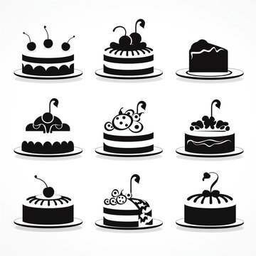 Cake Dessert black silhouette icons set on white background Ai generated image