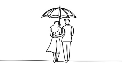 Single one line drawing young couple man woman, girl and boy walking holding umbrella under rain smiling hugging.