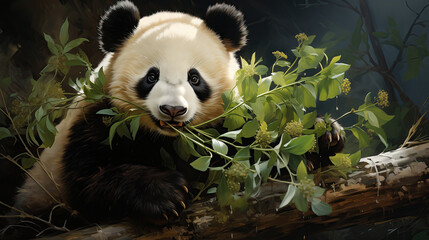 Cute panda eats eucalyptus leaves