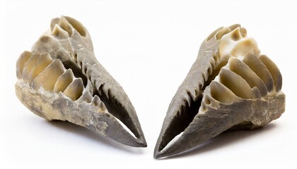 fossilized shark teeth isolated on white