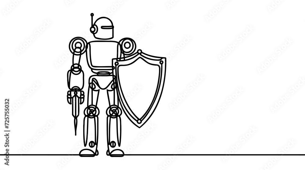 Poster continuous one line drawing robot with shield. retro robot. metal computer man or cyborgs. security 