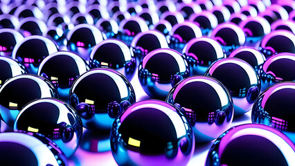 Metal glossy balls, spheres on a neon background.