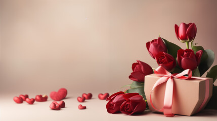 Walentynki 14 lutego - romantyczne minimalistyczne tło na życzenia. Mockup, szablon z prezentem, sercem i dekoracjami dla zakochanych. Symbol wyznana uczuć miłości. Kwiaty dla zakochanej kobiety - obrazy, fototapety, plakaty