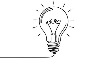 Continuous line idea icon. One light bulb silhouette. Electric lightbulb icon on white background. - obrazy, fototapety, plakaty