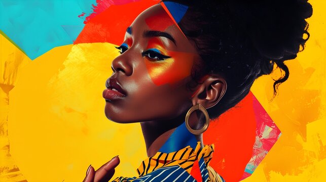 Photo of charming beautiful African female model with colorful creative makeup set against a background of abstract geometric contrast shapes in bright ethnic colors. Fashion style photo.