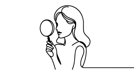 Continuous line drawing Young woman using magnifying glass Searching internet data icon vector illustration concept.