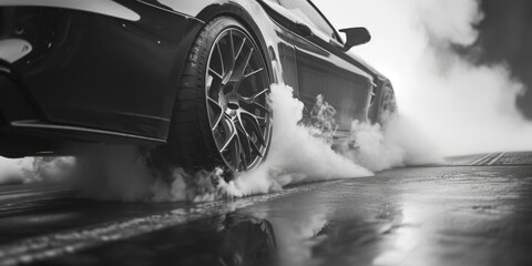 A black and white photo of a car with smoke coming out. This image can be used to depict a car malfunction or a vehicle on fire - Powered by Adobe
