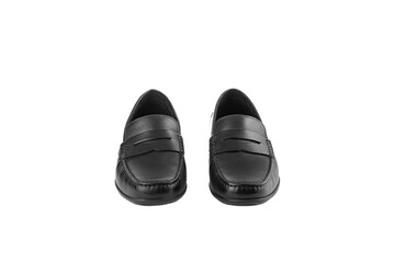 men's pair of black moccasins on isolated white background close-up