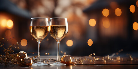 two narrow champagne glasses and defocused lights at the restaurant Romantic celebration with wineglass champagne and glowing lights Christmas and New Year eve celebration holidays background.